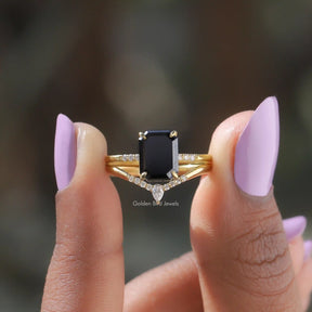 [Black Emerald Cut Moissanite Bridal Ring Set]-[Golden Bird Jewels]