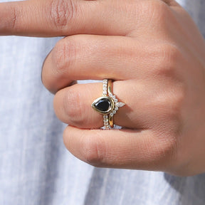 [Moissanite Black Pear Cut Bridal Ring Set]-[Golden Bird Jewels]