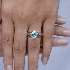 Blue Asscher Cut Moissanite Solitaire Ring