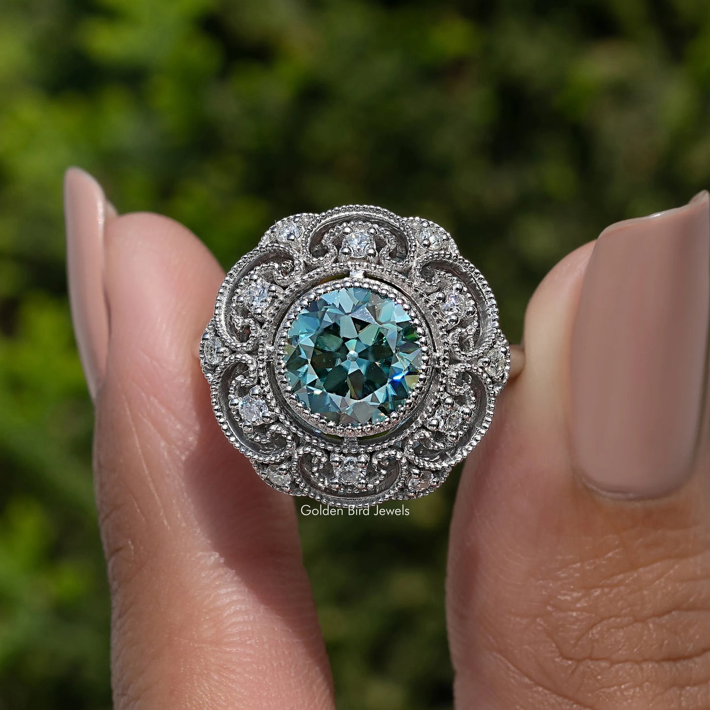 Blue Old Europen Round Cut Vintage Moissanite Ring