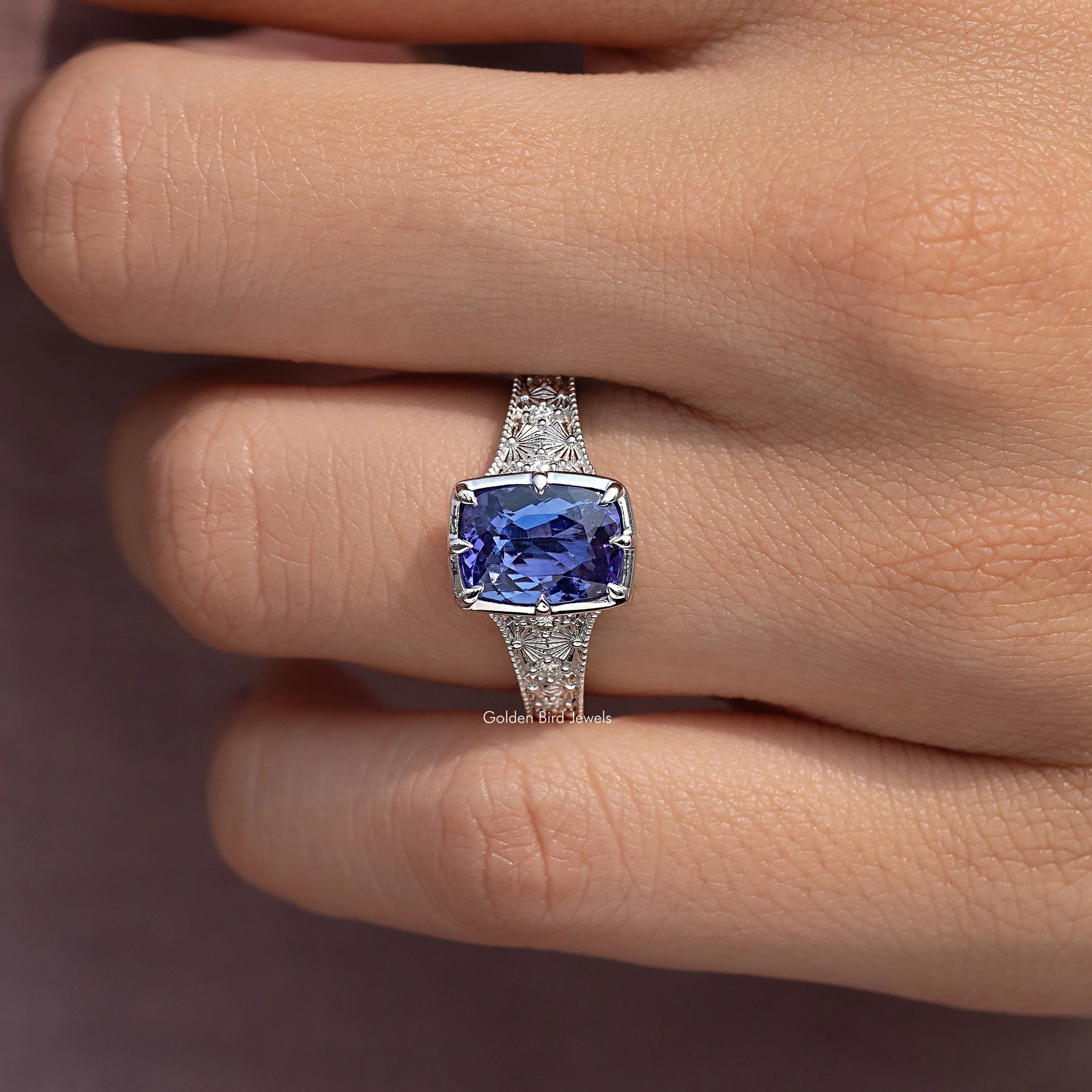 Blue Cushion Cut Gemstone Accent Ring