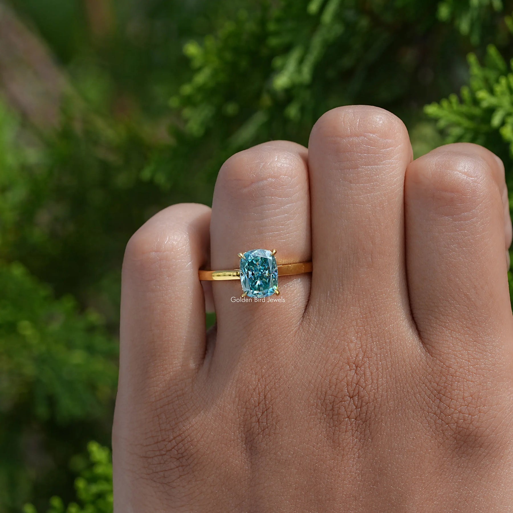 Blue Elongated Cushion Moissanite Engagement Ring