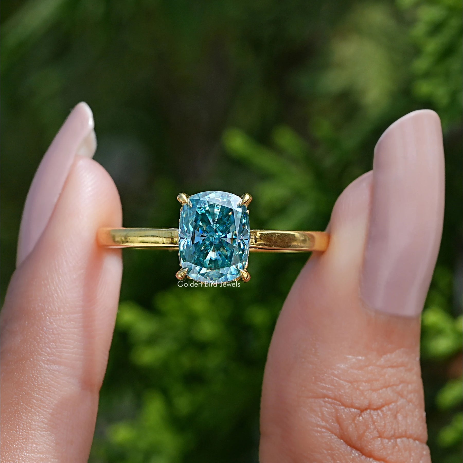 Blue Elongated Cushion Moissanite Engagement Ring