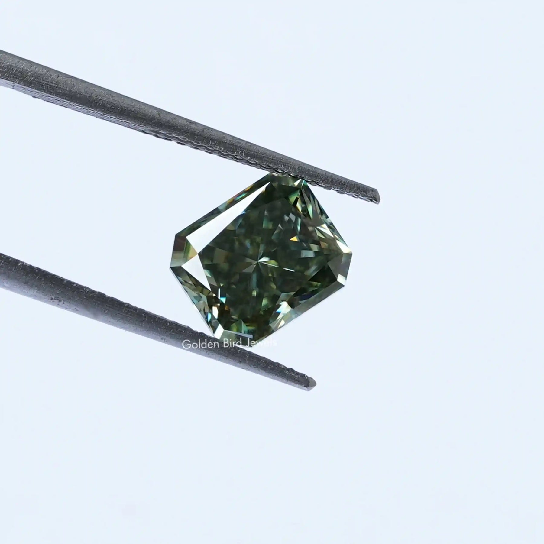 [Front view of blue green radiant cut loose moissanite]-[Golden Bird Jewels]