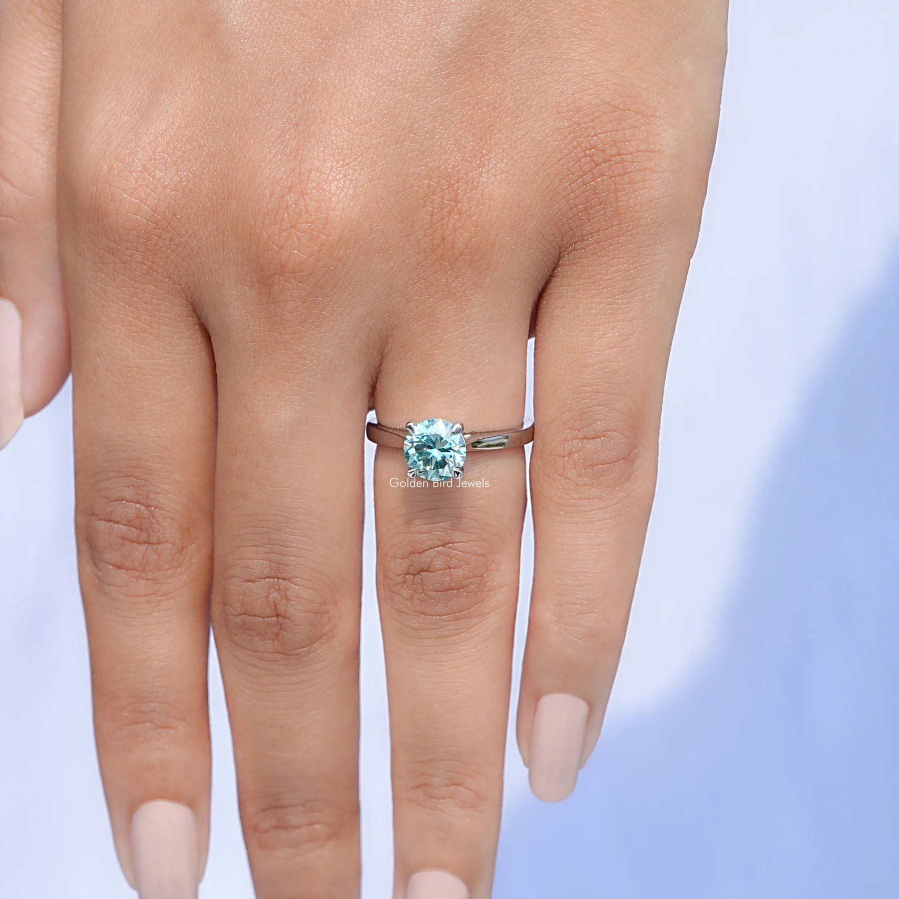 Blue Green Round Moissanite Solitaire Ring