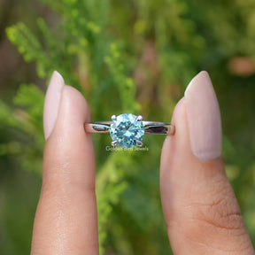 Blue Green Round Moissanite Solitaire Ring