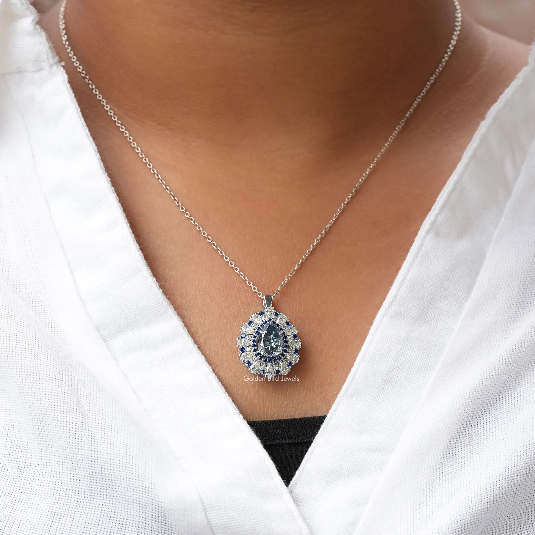 [Blue Pear Shaped Moissanite Double Halo Pendant]-[Golden Bird Jewels]