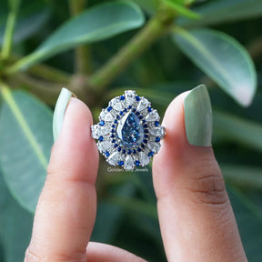 [Blue Pear Cut Moissanite Halo Ring]-[Golden Bird Jewels]