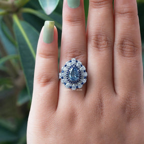 [Blue Pear Cut Halo Moissanite Engagement Ring]-[Golden Bird Jewels]