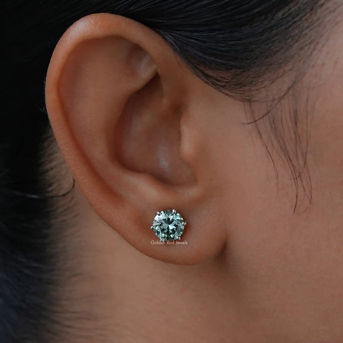 [Blue Green Round Cut Moissanite Stud Earrings]-[Golden Bird Jewels]