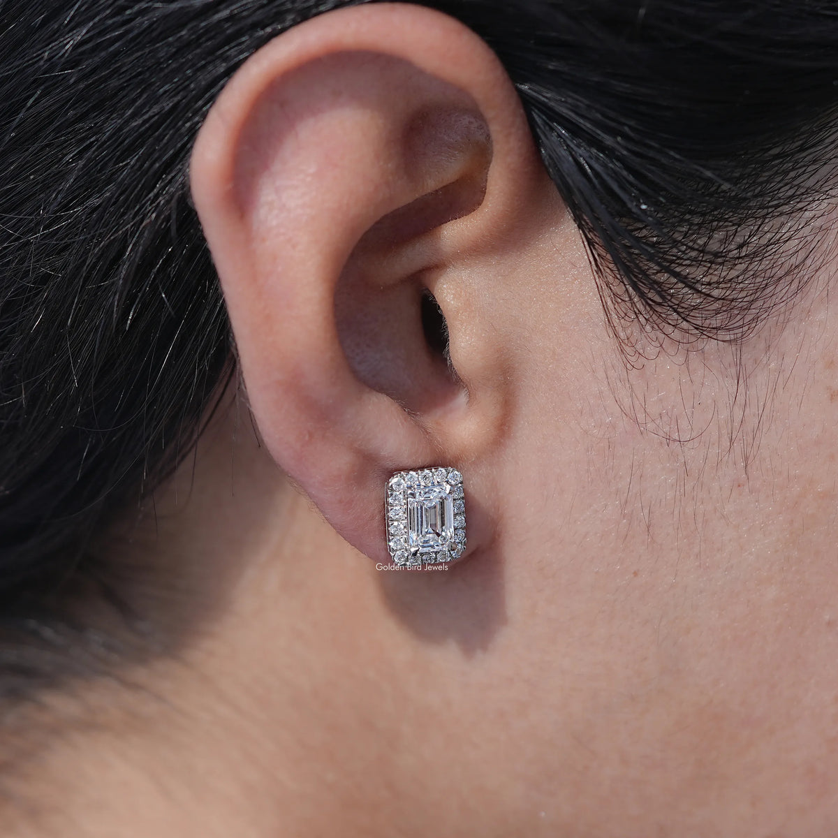 Lab Grown Emerald Cut Diamond Halo Earrings