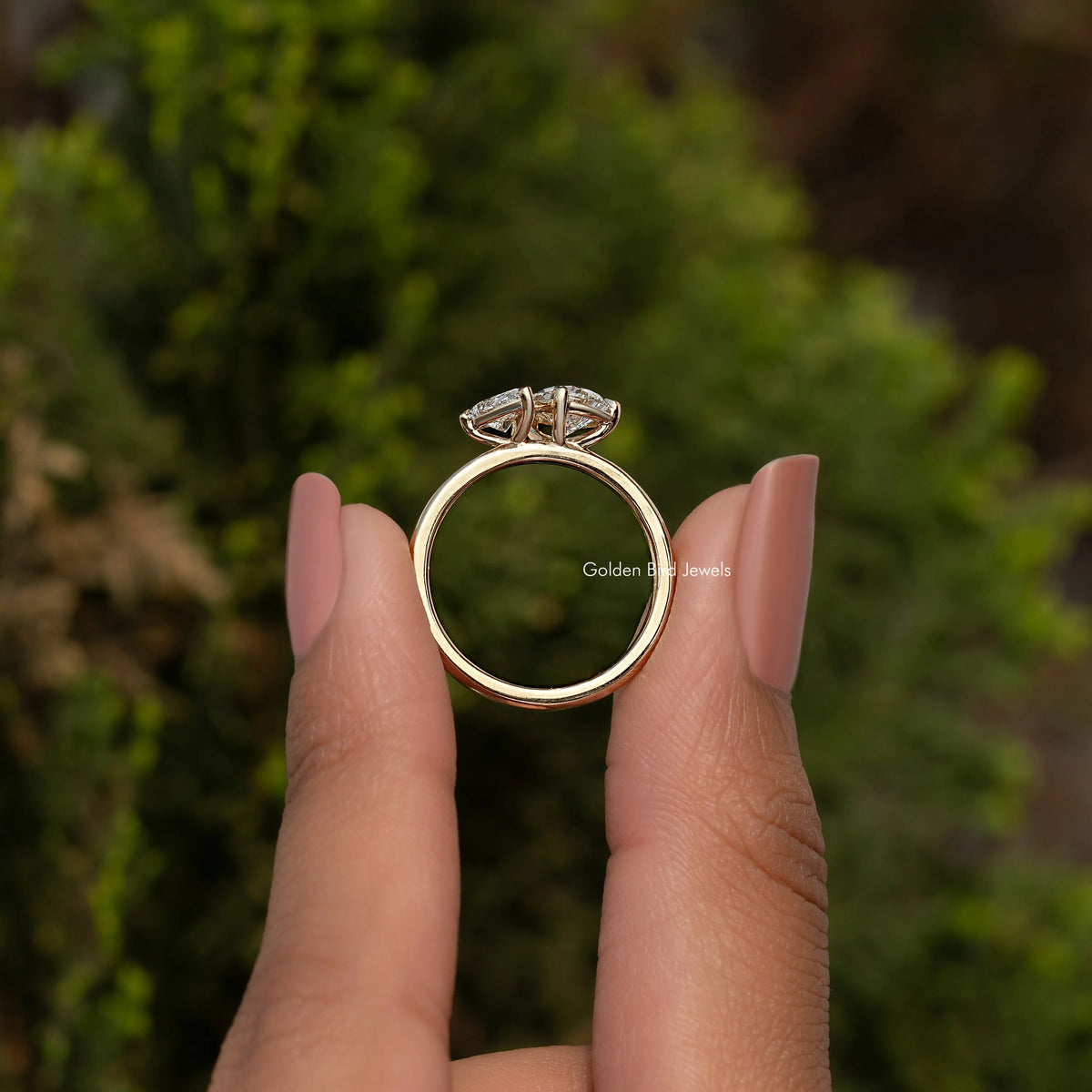 Side View of Pear Shaped Lab Diamond Two Stone Ring
