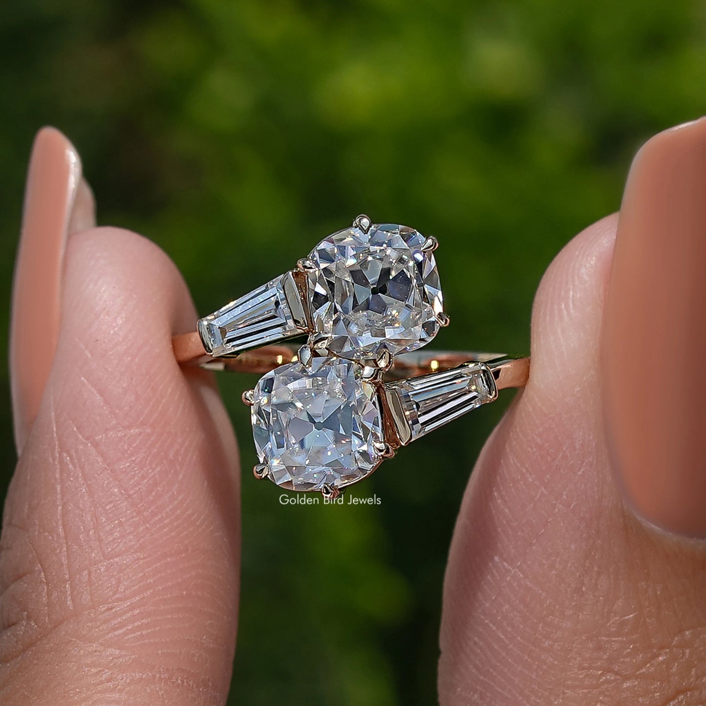2 stone Old Mine Cushion Bypass Engagement Ring