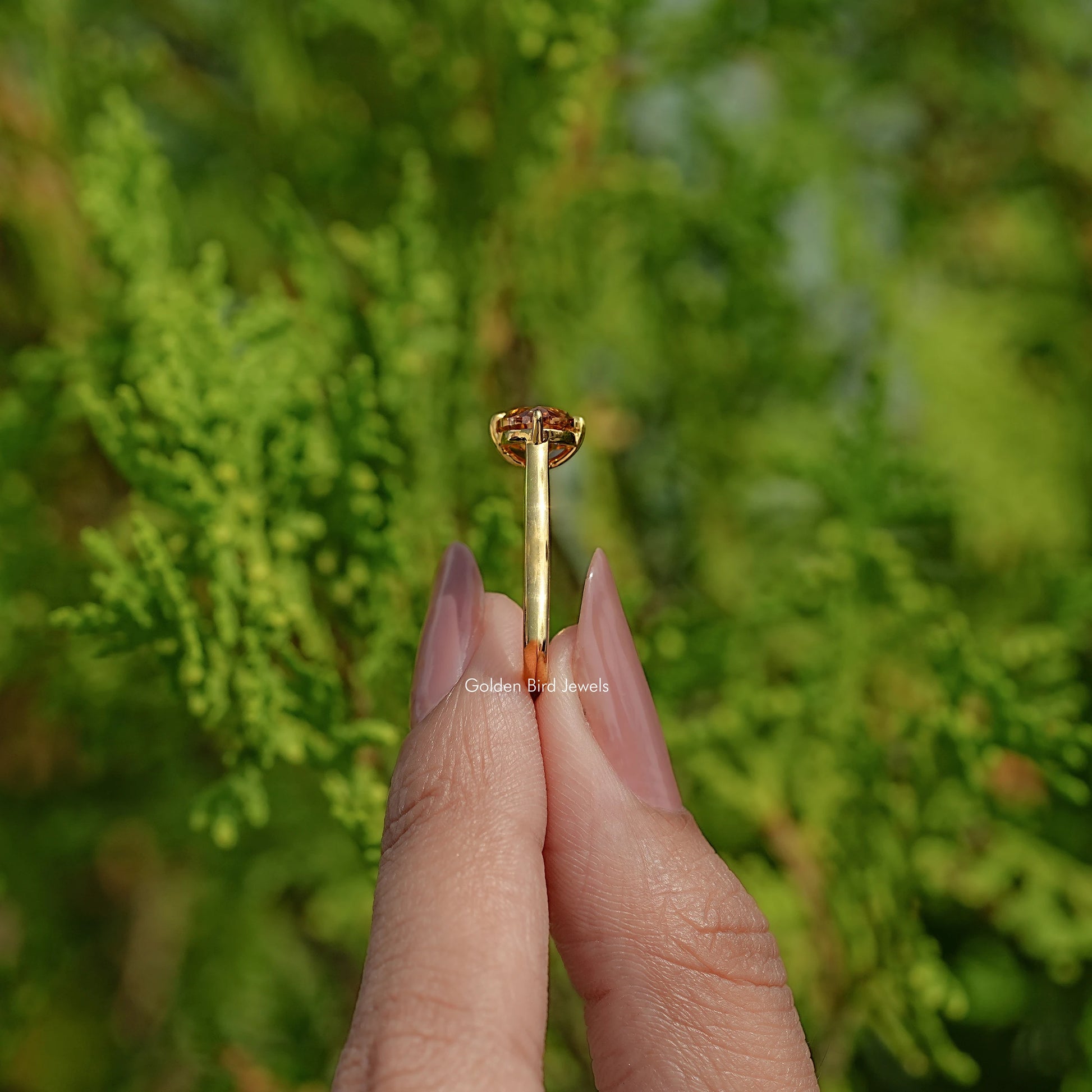 Side View Of Champagne Cut Moissanite Engagement Ring

