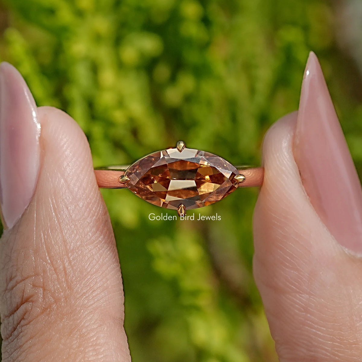 Front View of Champagne East West Old Mine Moval Moissanite Ring