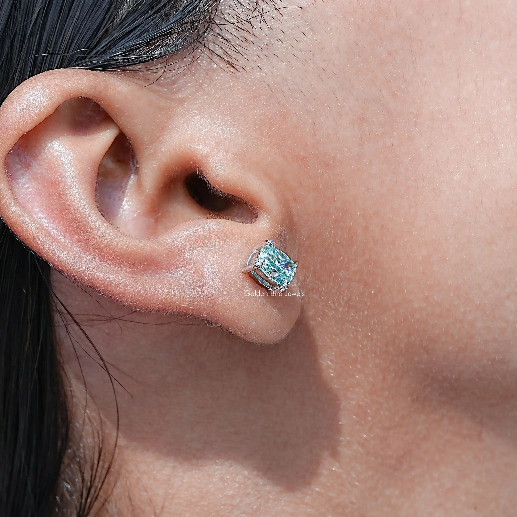 Blue Elongated Cushion Moissanite Stud Earrings