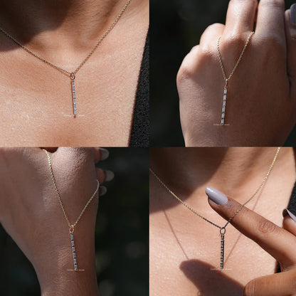 Front back side and close view of baguette moissanite pendant