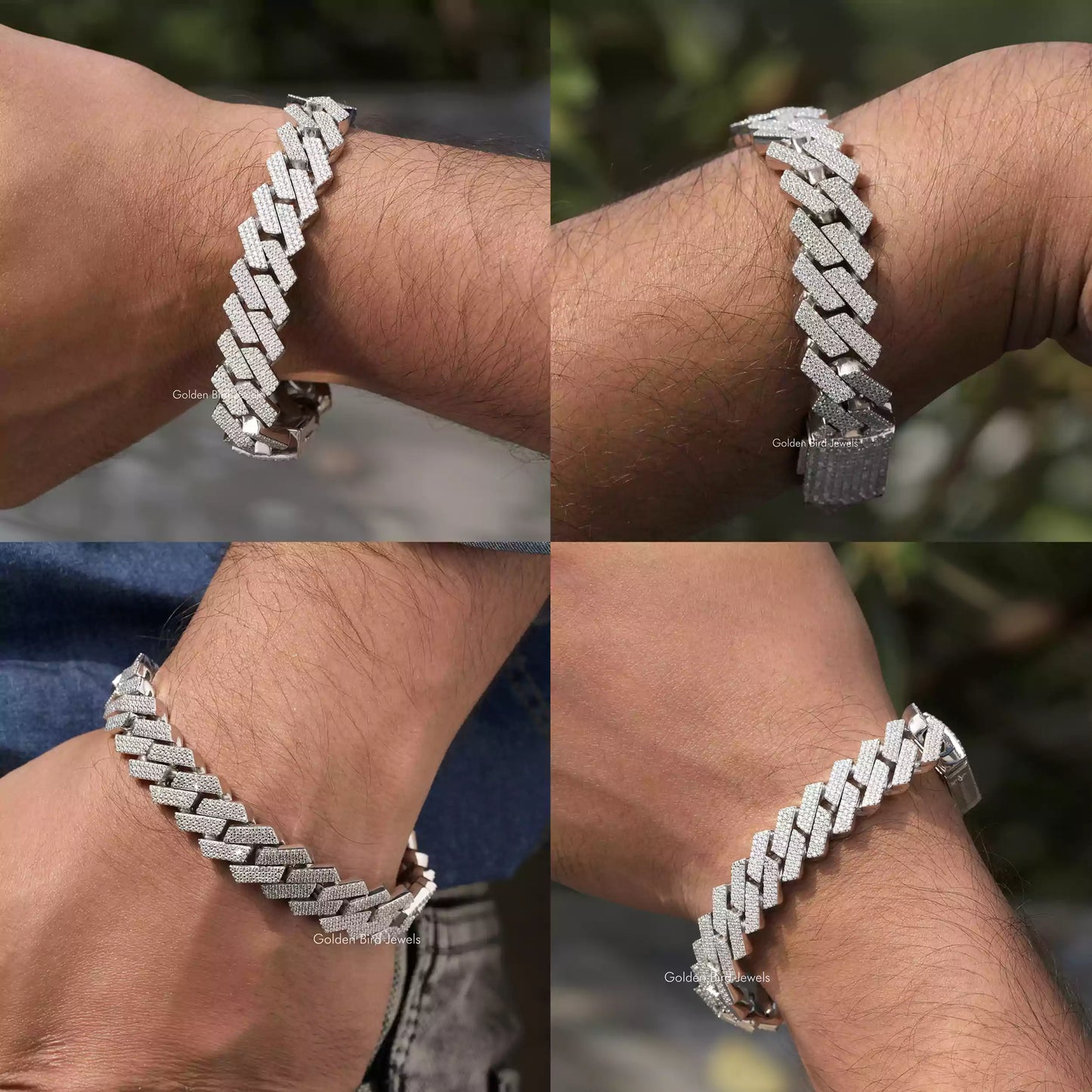 Front back side and close view of Miami Cuban styled moissanite bracelet