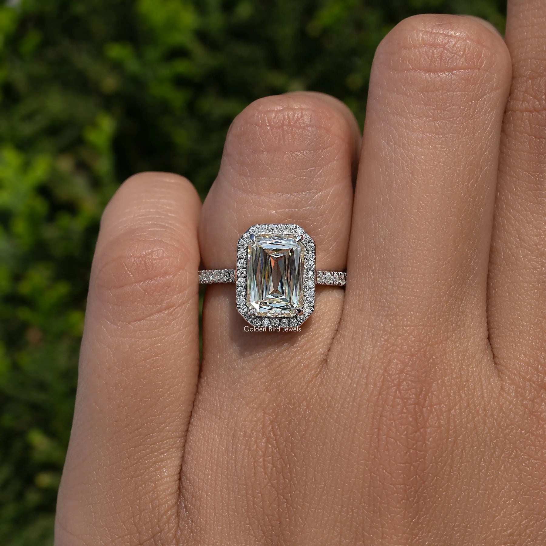 Criss Cut Moissanite Halo Accent Engagement Ring