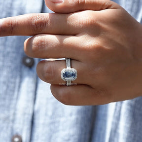 Criss Cut Sapphire Blue Moissanite Double Halo Ring