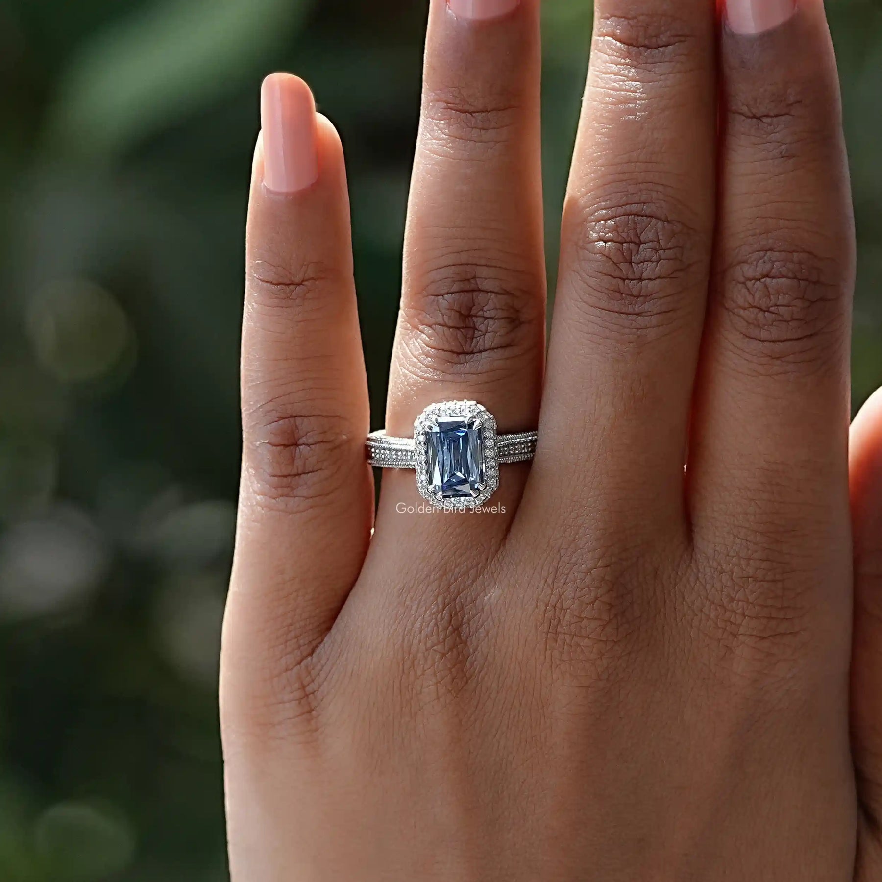 Criss Cut Sapphire Blue Moissanite Double Halo Ring