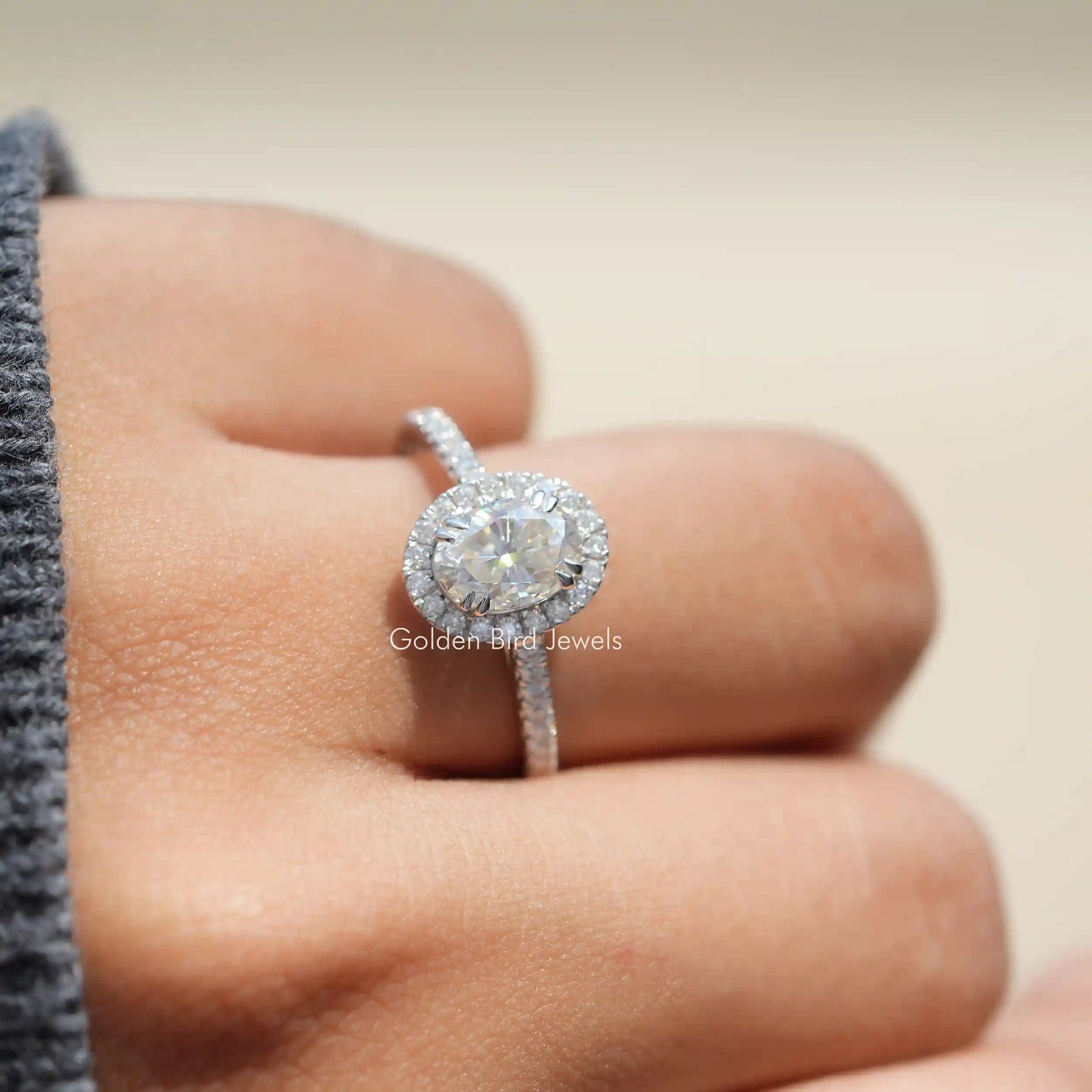 Crushed Ice Oval Lab Diamond Halo Accent Ring