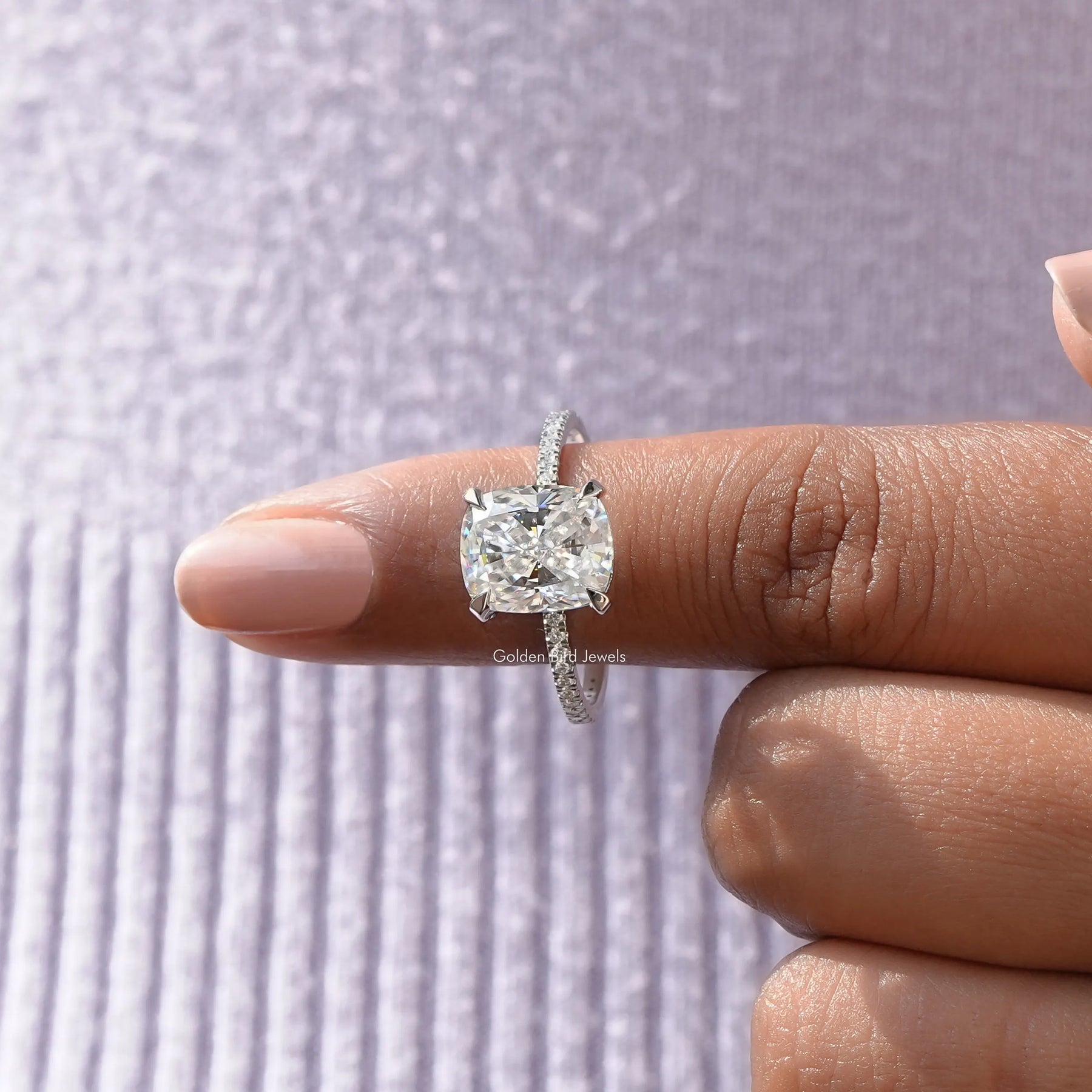 [Crushed Ice Cushion Cut Moissanite Hidden Halo White Gold Ring]-[Golden Bird Jewels]