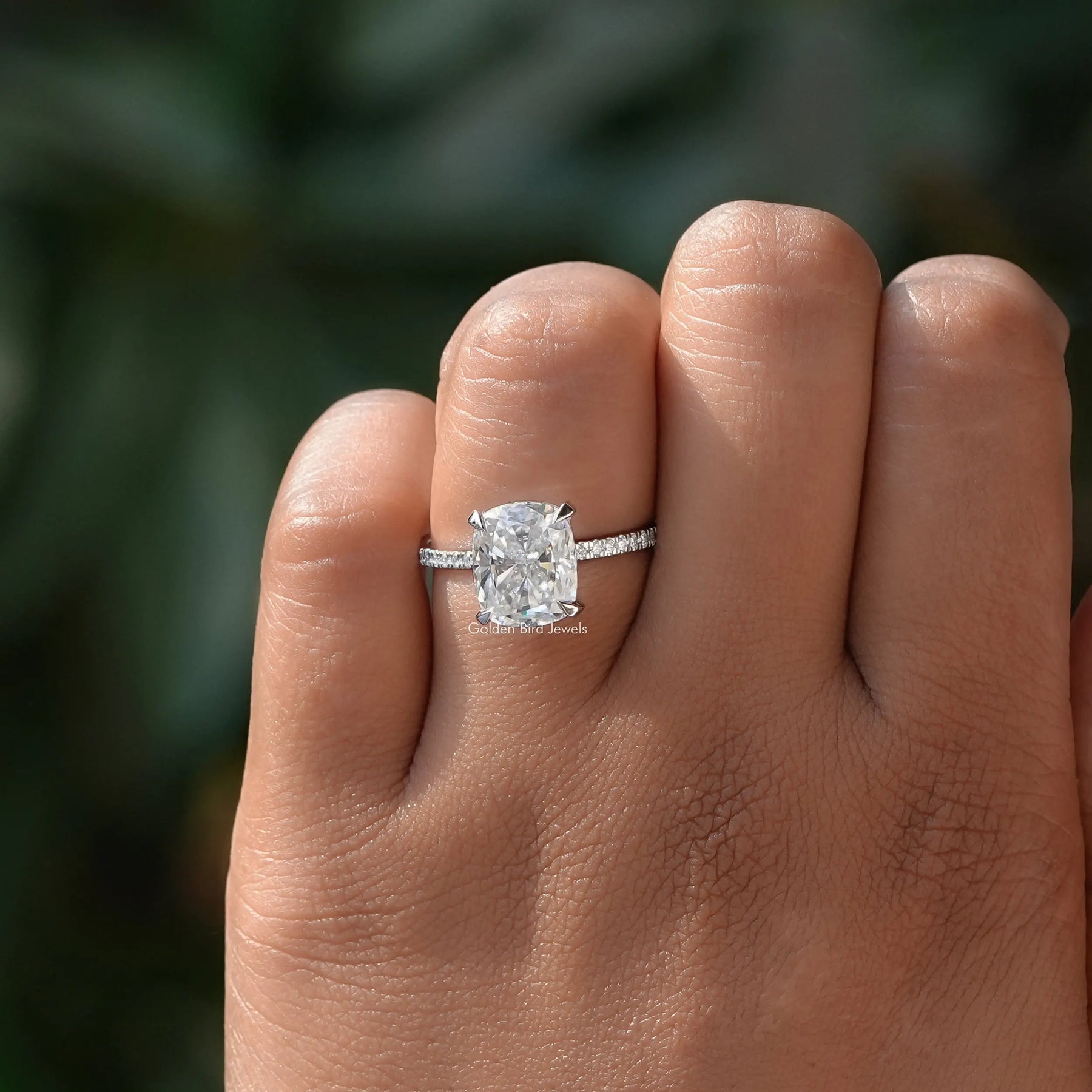 [Colorless Cushion Hidden Halo Moissanite Ring]-[Golden Bird Jewels]