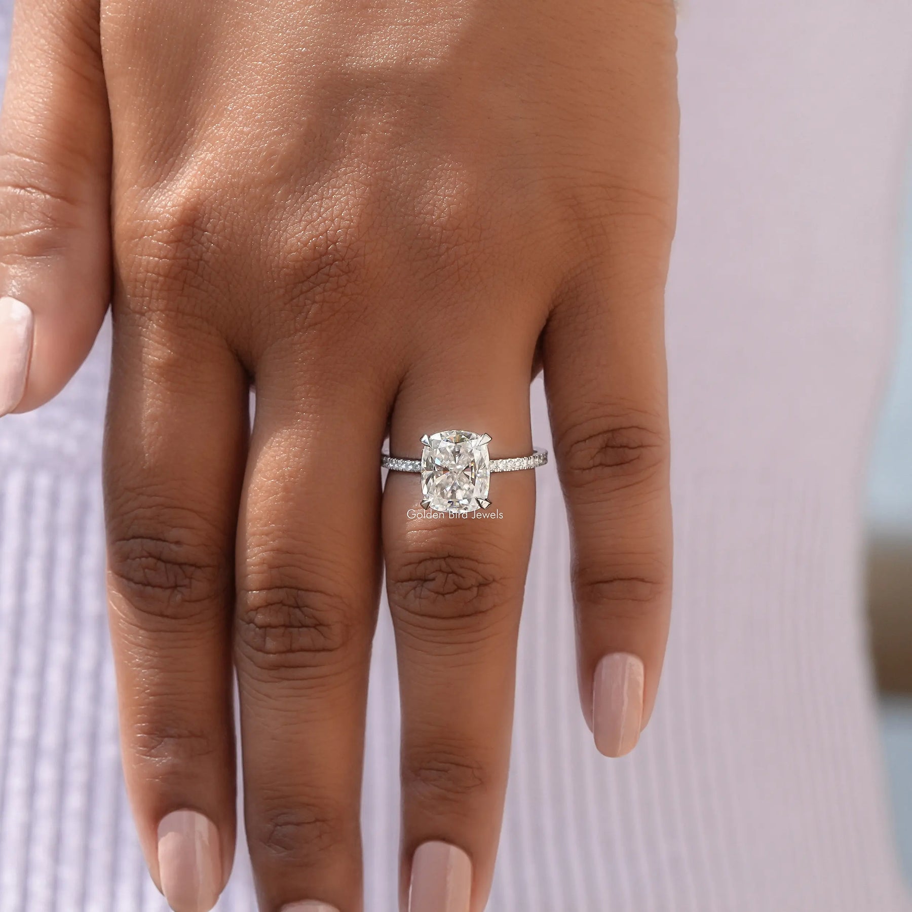 View of Cushion Cut Moissanite Hidden Halo Ring In finger