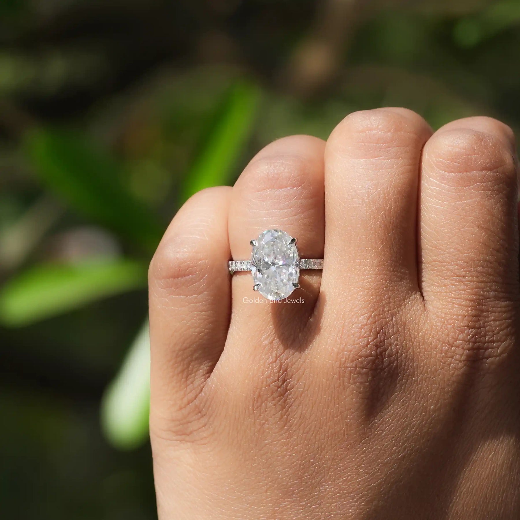 Close-Up View of Oval Cut Moissanite Engagement Ring In White Gold