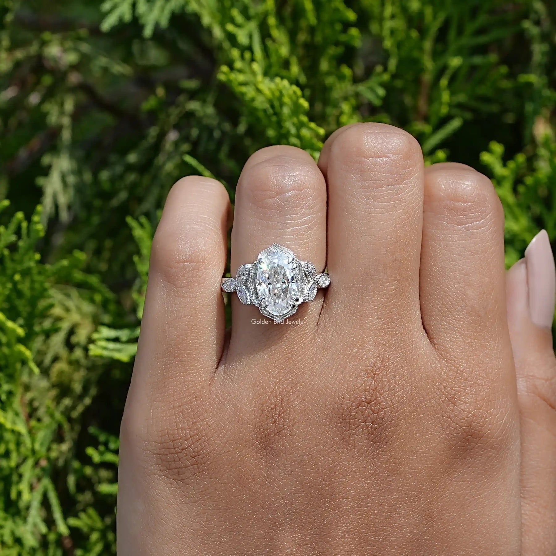 Crushed Ice Oval Cut Moissanite Ring In White Gold