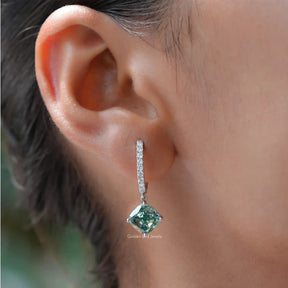 Cushion Cut Blue Green Moissanite Drop Dangle Earrings