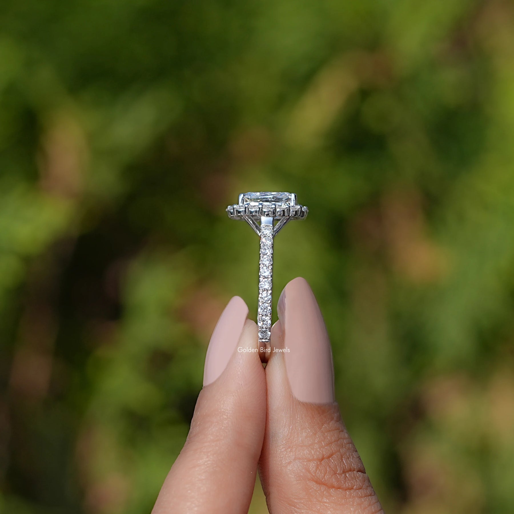 Side View of Lab Diamond Halo Accent Engagement Ring