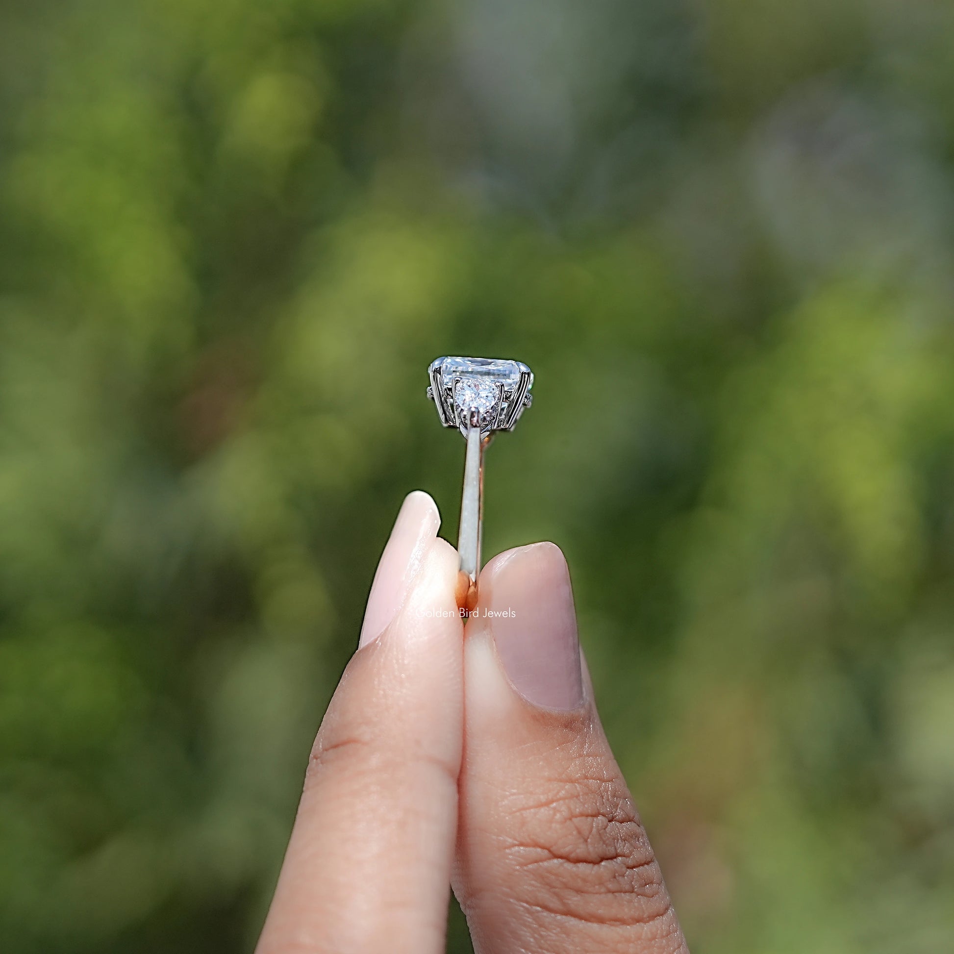 Side View of Cushion Diamond Three Stone Halo Ring