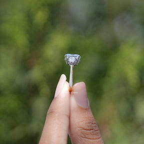 Side View of Cushion Diamond Three Stone Halo Ring