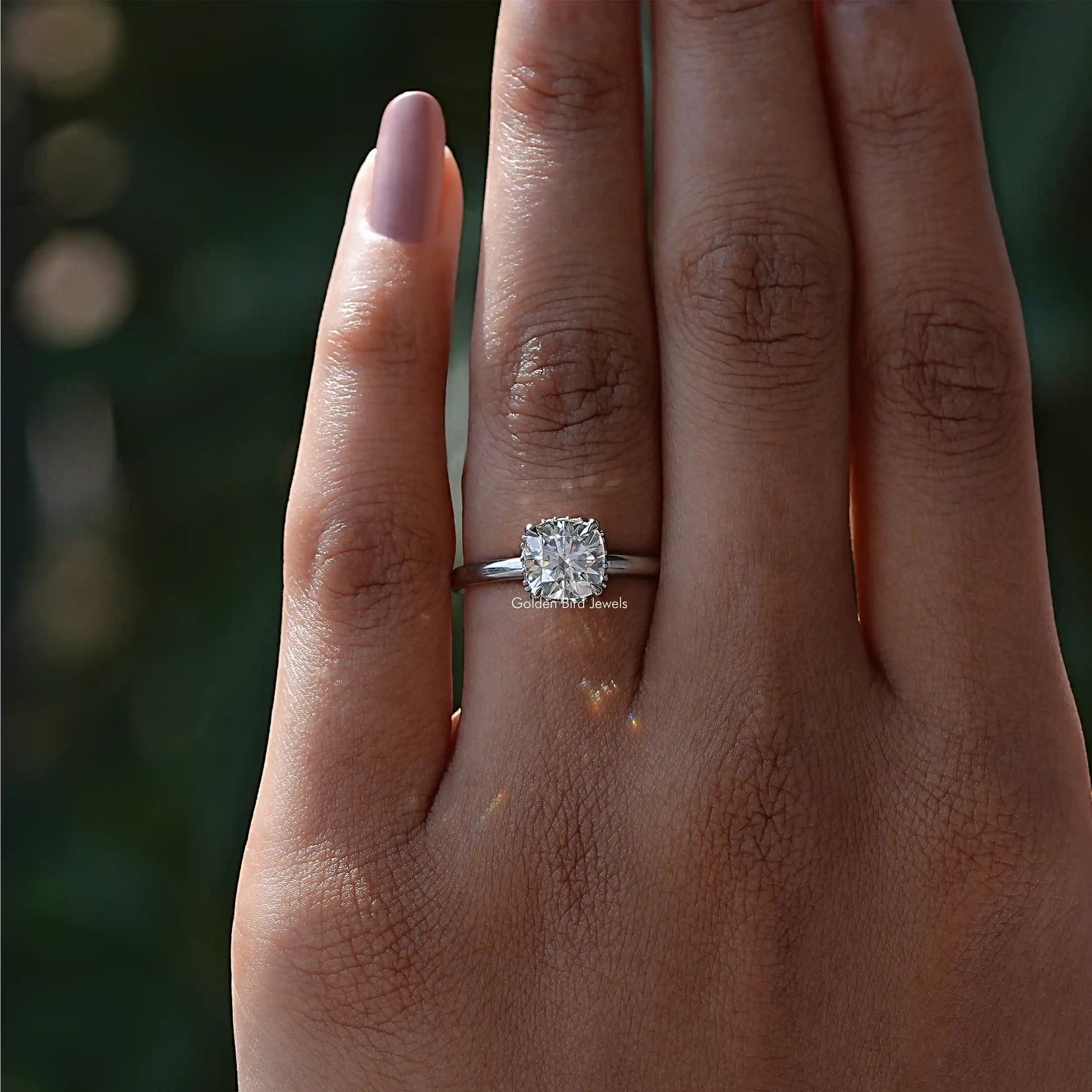 In finger front view of Lab Diamond Cushion Cut Ring  