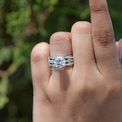 In finger view of Cushion Cut Moissanite Accent Bridal Ring Set