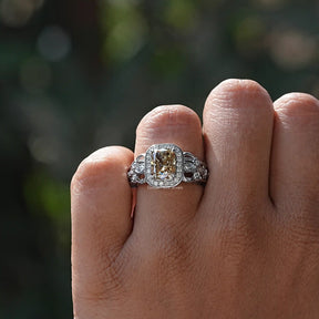 Close-Up View of Yellow Cushion Cut Moissanite Ring In White Gold