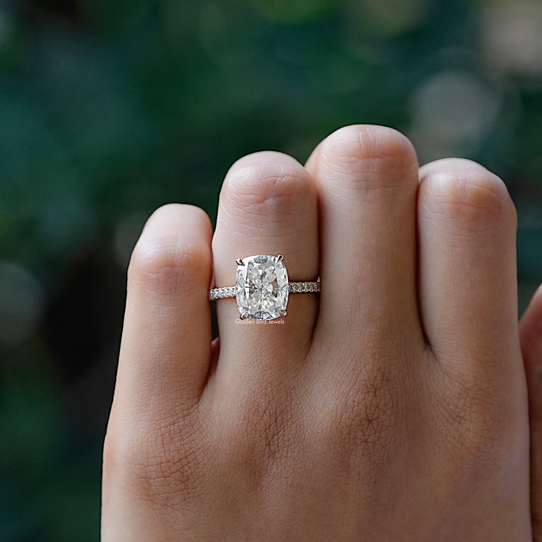 Cushion Cut Moissanite Hidden Halo Ring