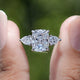 Cushion Lab Diamond Three Stone Hidden Halo Ring In Two Fingers