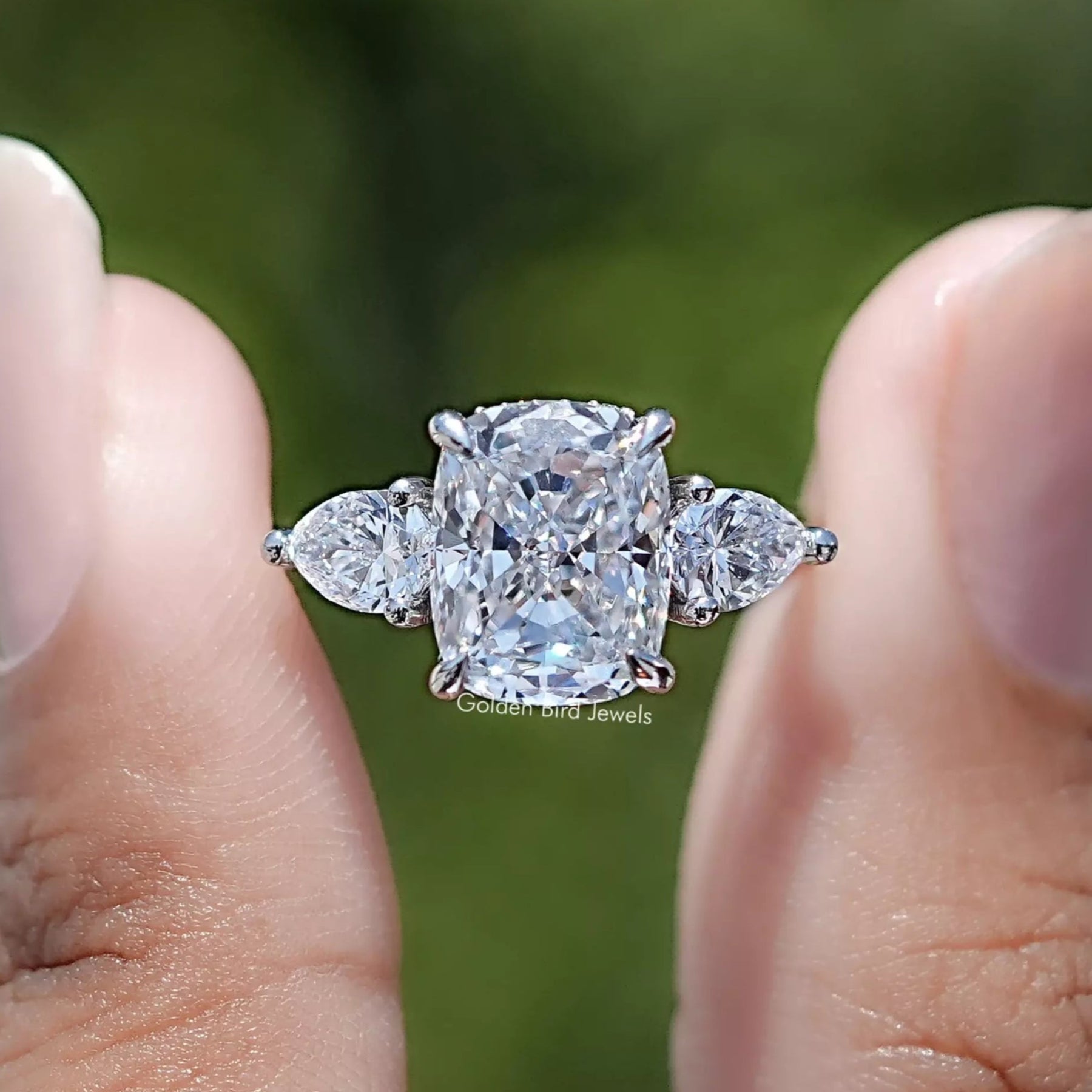 Cushion Lab Diamond Three Stone Hidden Halo Ring In Two Fingers