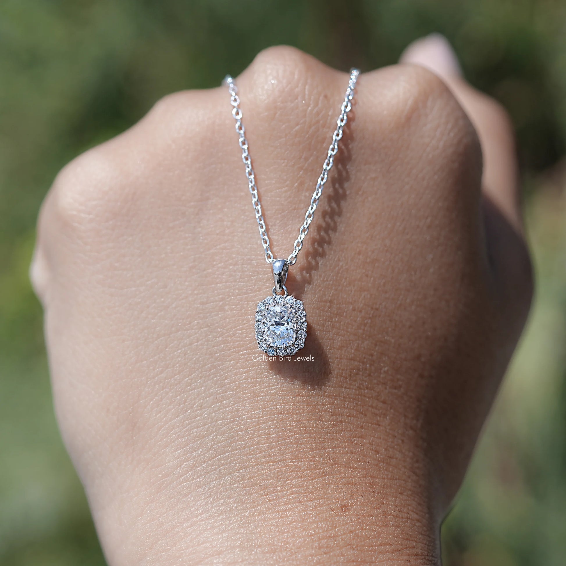 Front View of Cushion Cut Halo Pendant In Lab Grown Diamond
