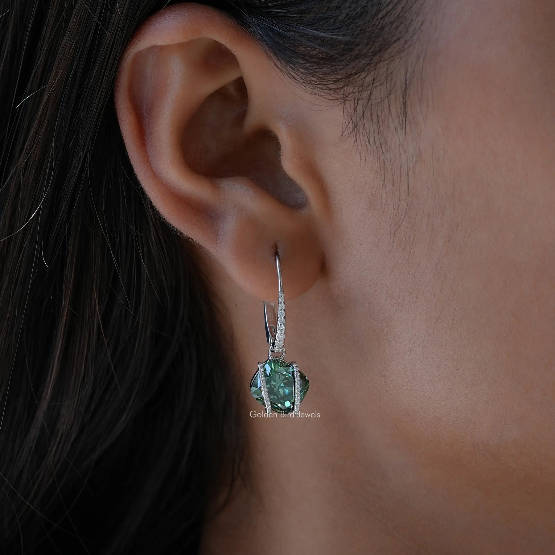 Dark Green Cushion Moissanite Dangle Drop Earrings