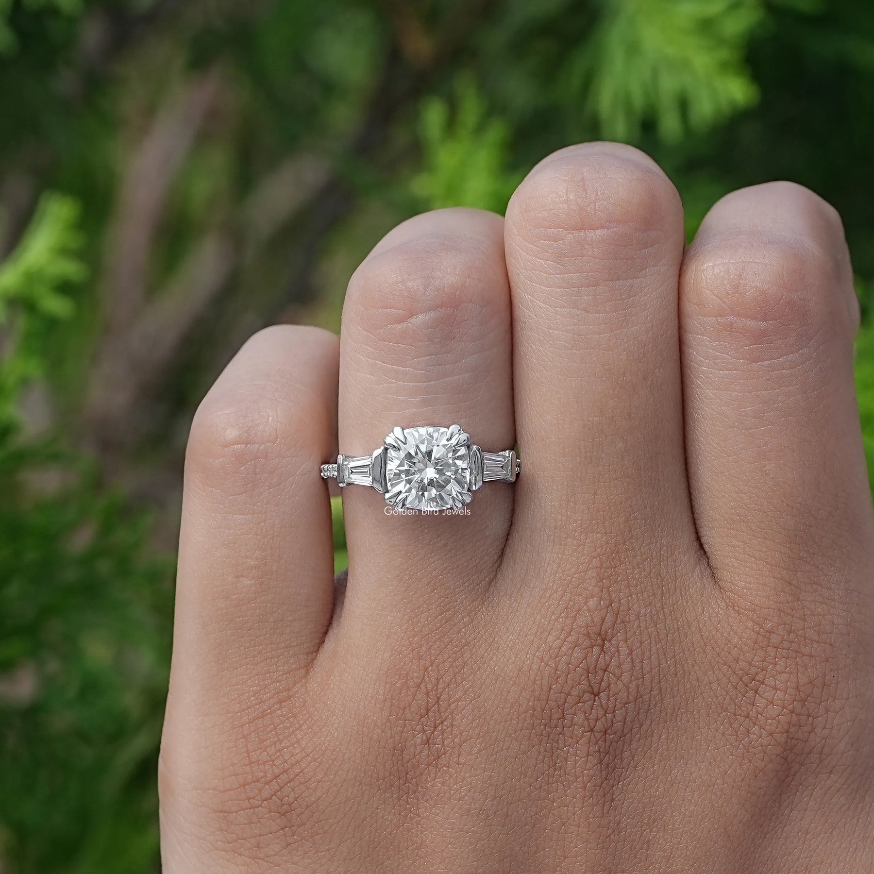 Front View of Cushion And Baguette Cut Engagement Ring In White Gold