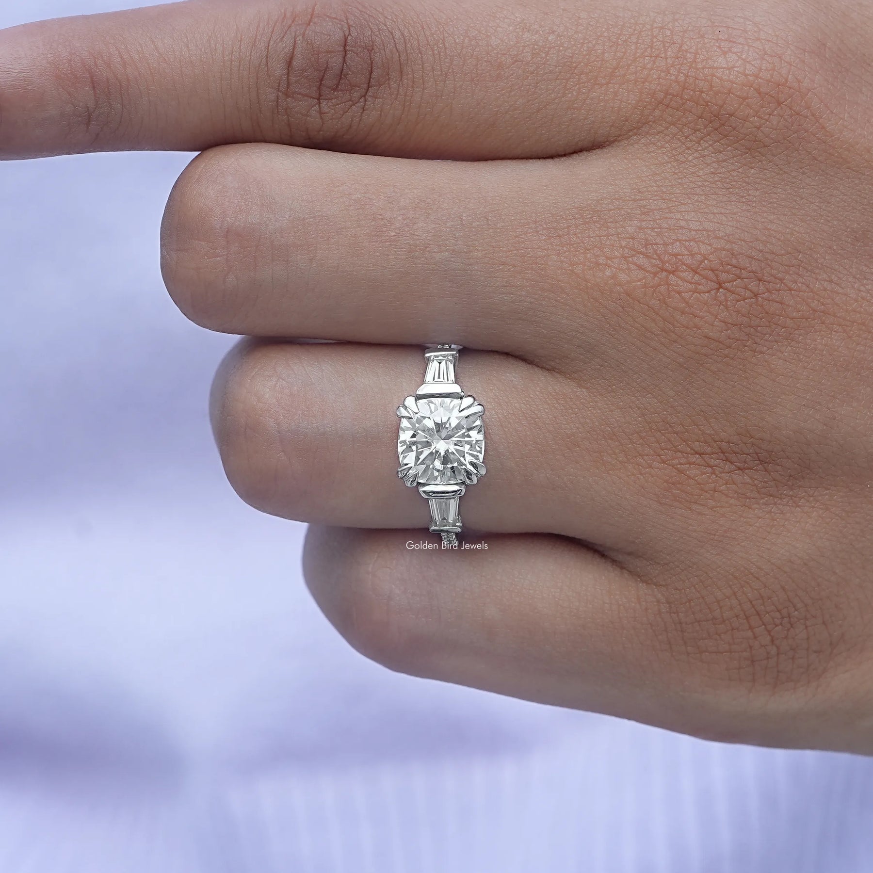 Profile View of Cushion Cut Moissanite Engagement Ring