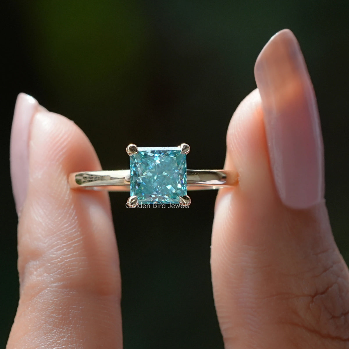 [Cyan Blue Princess Cut Moissanite Ring]-[Golden Bird Jewels]