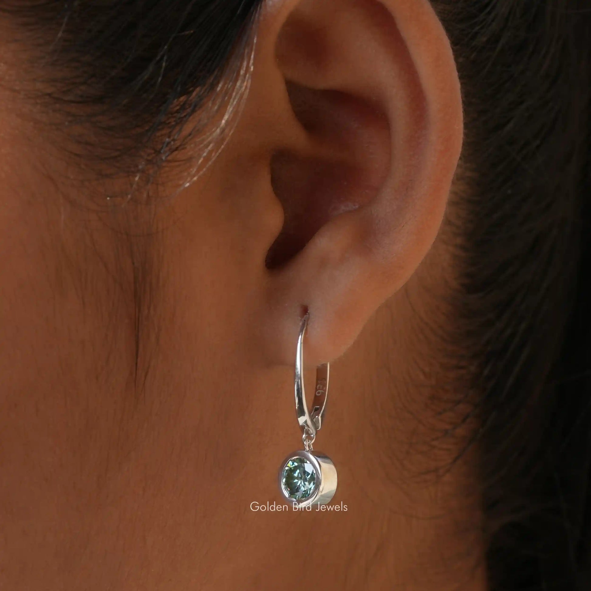 [In ear front view of round cut dangle earrings]-[Golden Bird Jewels]
