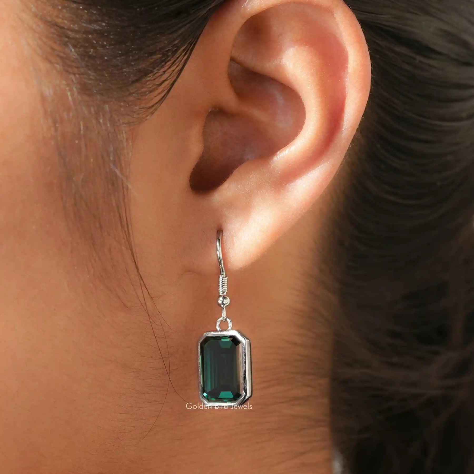 [Dark Green Emerald Cut Moissanite Earrings]-[Golden Bird Jewels]