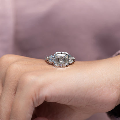 Old Mine Asscher Cut Moissanite Three Stone Ring