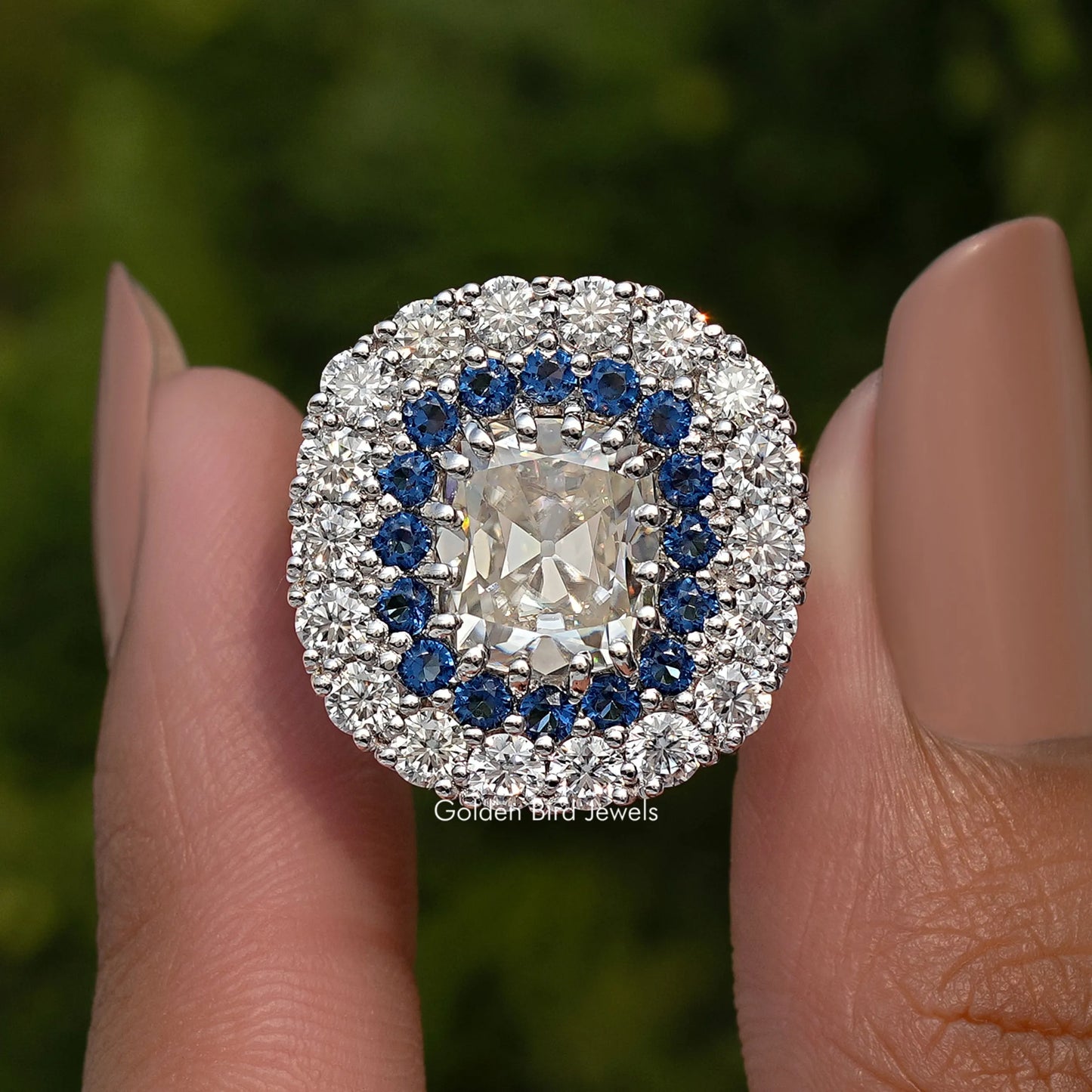 Double Halo Old Mine Cushion Moissanite Ring